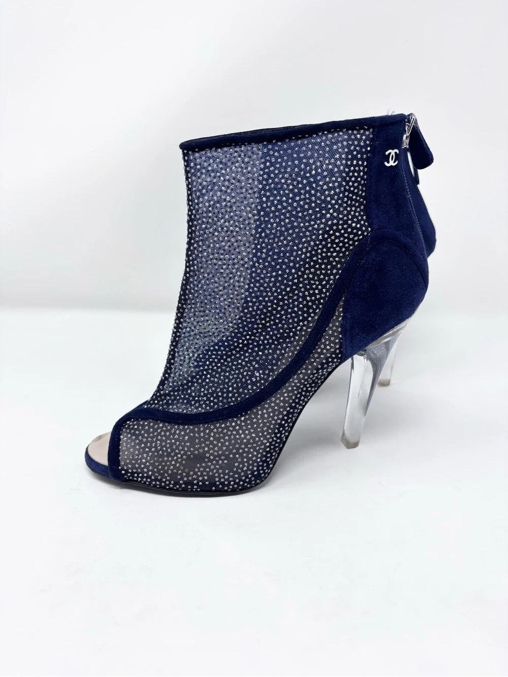 Chanel S/S 2011 Navy Blue Suede Mesh Crystal Ankle Boots Lucite Heel CC Logo 40
